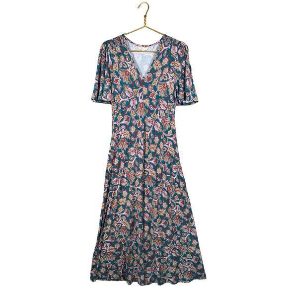 Boden Paisley Midi Dress | Green Pink Boho Print Flowy V-Neck | Boho Size 4R - Picture 11 of 12